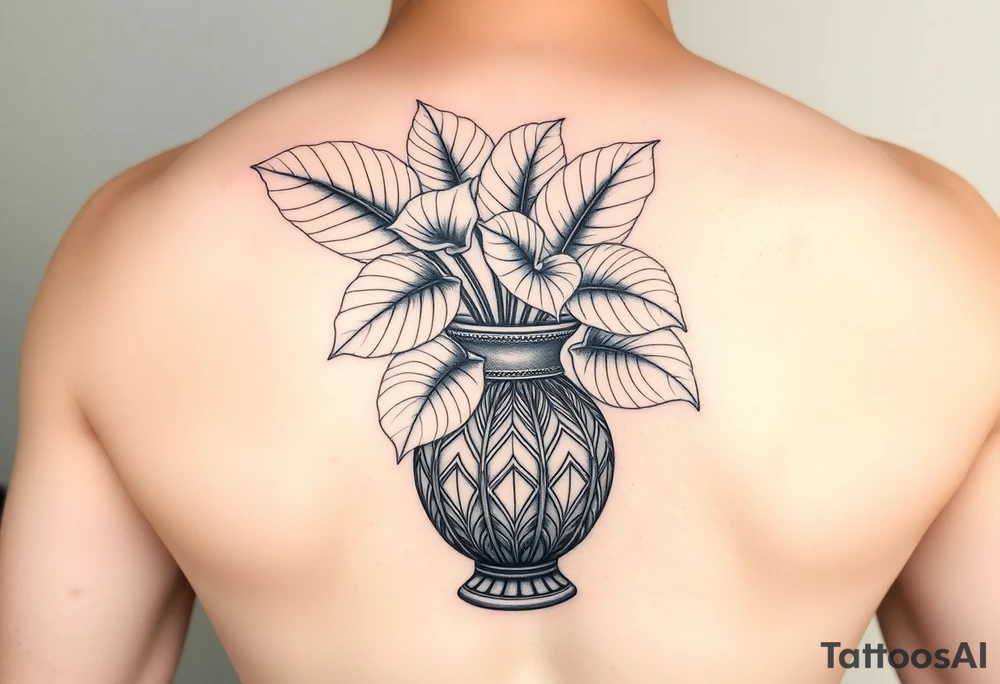 Large Decorative ornamental
 vase with large philodendron leaves tattoo idea