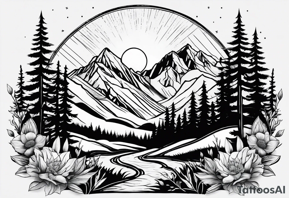 mountains, sun, wildflowers tattoo idea