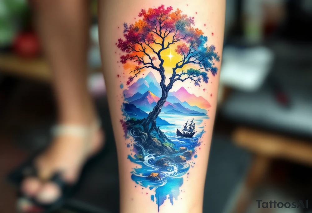 tattoo that has an acacia tree with mountains, ocean with a ship wreck and the northern star tattoo idea