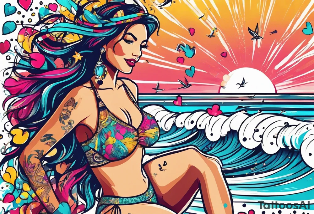 SURFING SAFARI BEACH DANCE 
PARTY WITH CONFETTI AND MUSIC NOTES, TROPICAL DRINKS, SEXY BIKINIS tattoo idea