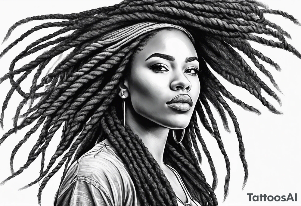 Draw a women head with real dread locks flying in the air, all hair should be to see tattoo idea