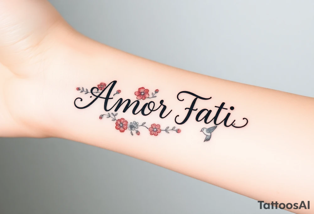 “Amor Fati” with small colorful flowers and birds tattoo idea