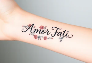 “Amor Fati” with small colorful flowers and birds tattoo idea