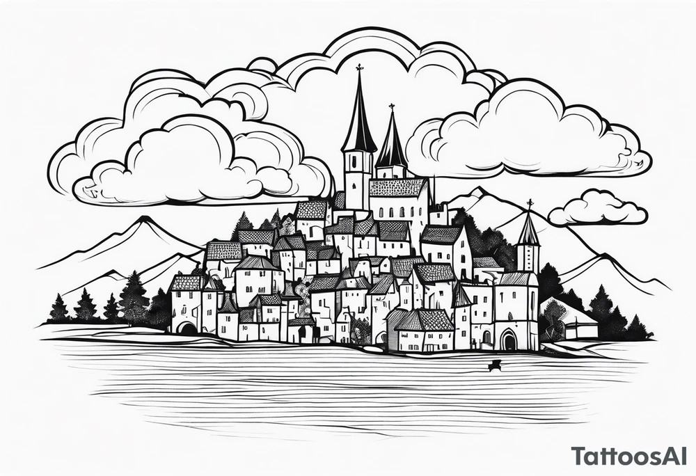 cloud medieval town tattoo idea