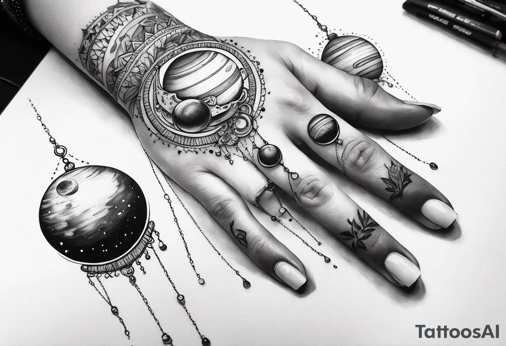 Human hand dangling planets from fingertips tattoo idea