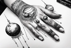 Human hand dangling planets from fingertips tattoo idea