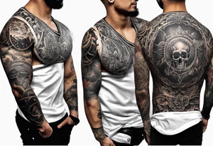 An aesthetic tattoo that is placed on the upper back of a male. It should represent catholic religion, discipline, pain, bodybuilding. tattoo idea