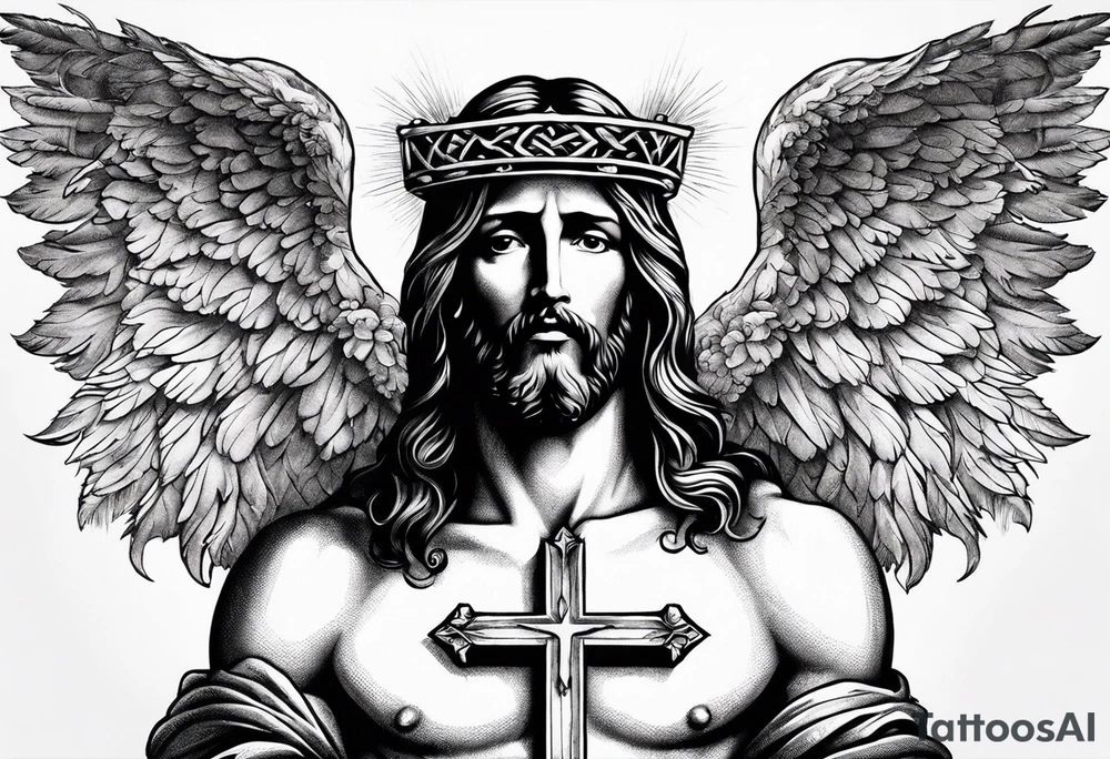 jesus on a cross surround by angel wings for a back tattoo tattoo idea
