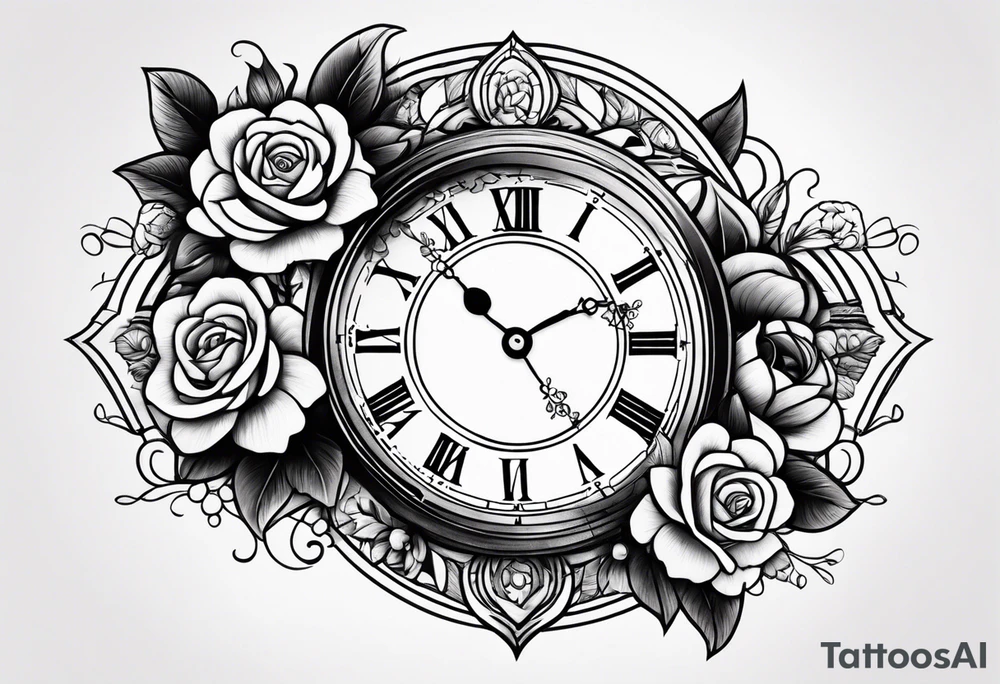 Reloj antiguo con flores y familia tattoo idea