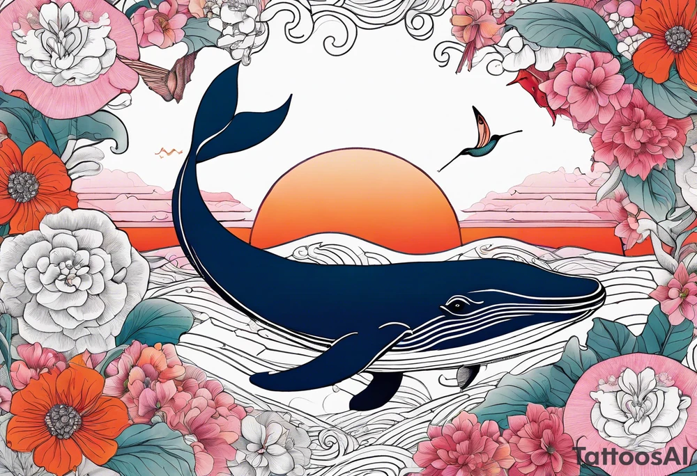 Surreal, whale, hummingbird, face, flowers, bold color, collage, pink, orange, red tattoo idea