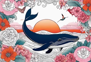 Surreal, whale, hummingbird, face, flowers, bold color, collage, pink, orange, red tattoo idea