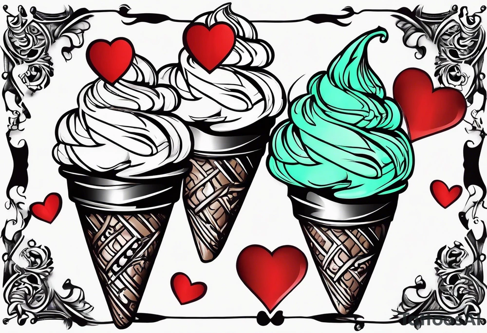 mint chocolate chip ice cream cone with small red heart on it somewhere. tattoo idea