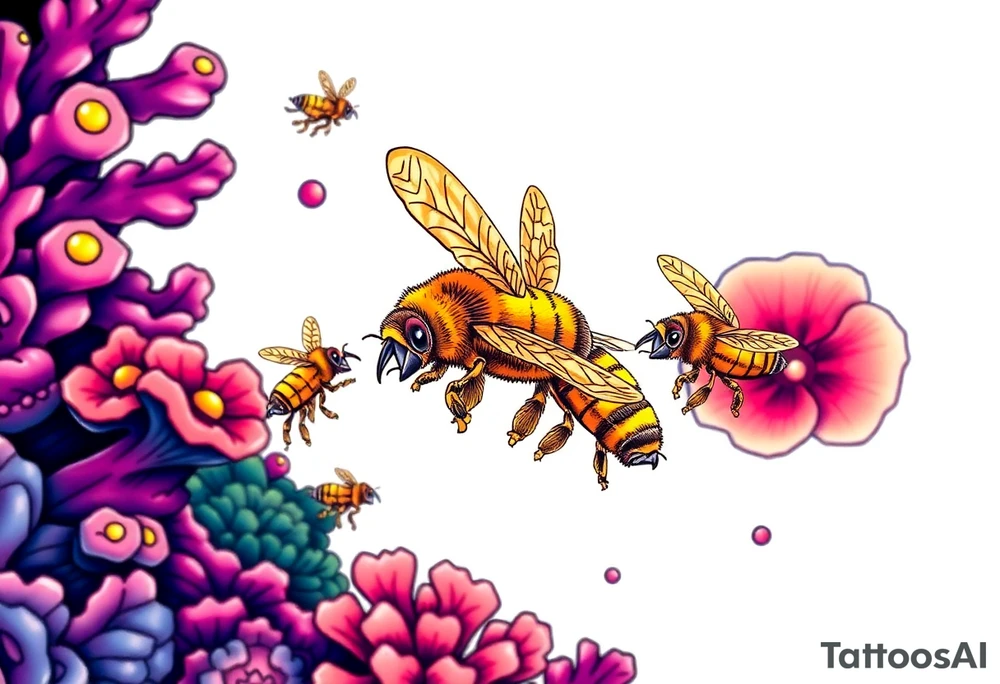 Coral reef scene with honey bees swimming tattoo idea