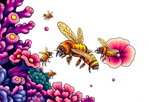 Coral reef scene with honey bees swimming tattoo idea