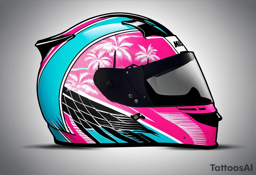 Formula 1 helment with miami name a palm tree and light blue black and pink colors tattoo idea