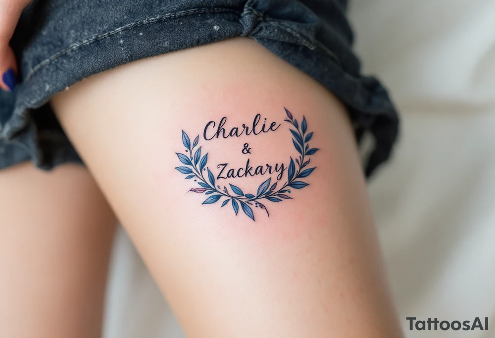 Create a delicate tattoo design that seamlessly integrates the names "Charlie" and "Zackary" in graceful, flowing cursive. Enclose the names within a softly stylized symbol that embodies strength and unity . The overall design should evoke warmth and protection while remaining refined and understated tattoo idea