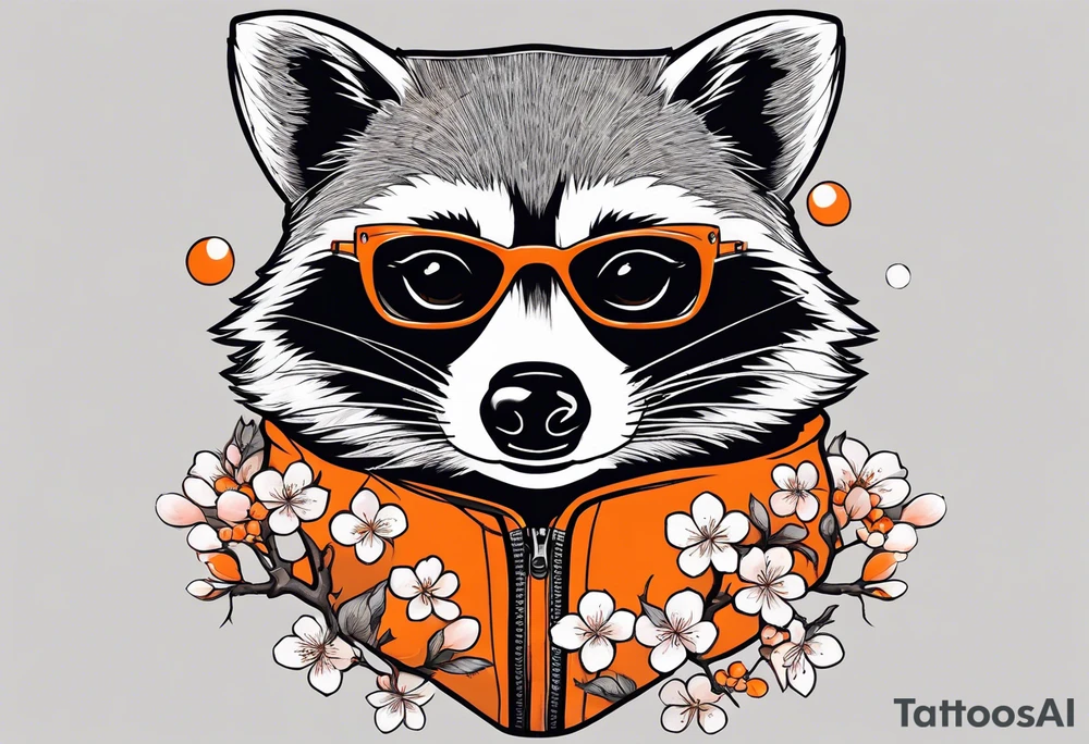 raccoon wearing a black and white Superman hoodie and orange Japanese cherry blossoms tattoo idea