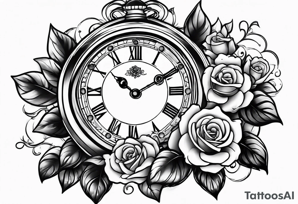 Pocket clock with chain and roses tattoo idea