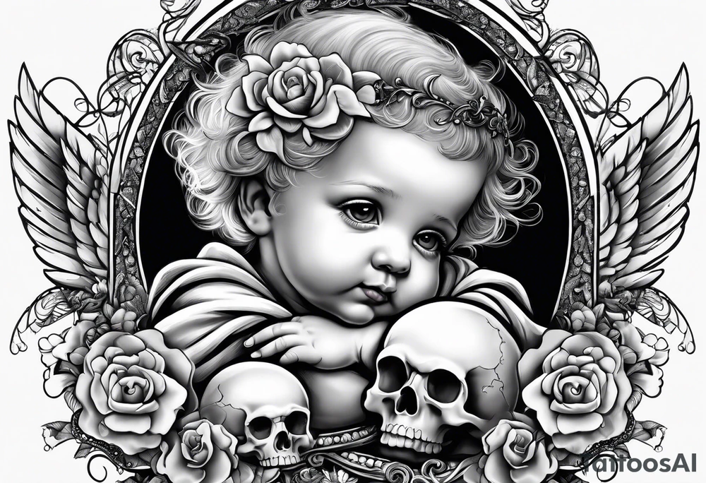 baby angel holding skull tattoo idea