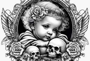 baby angel holding skull tattoo idea