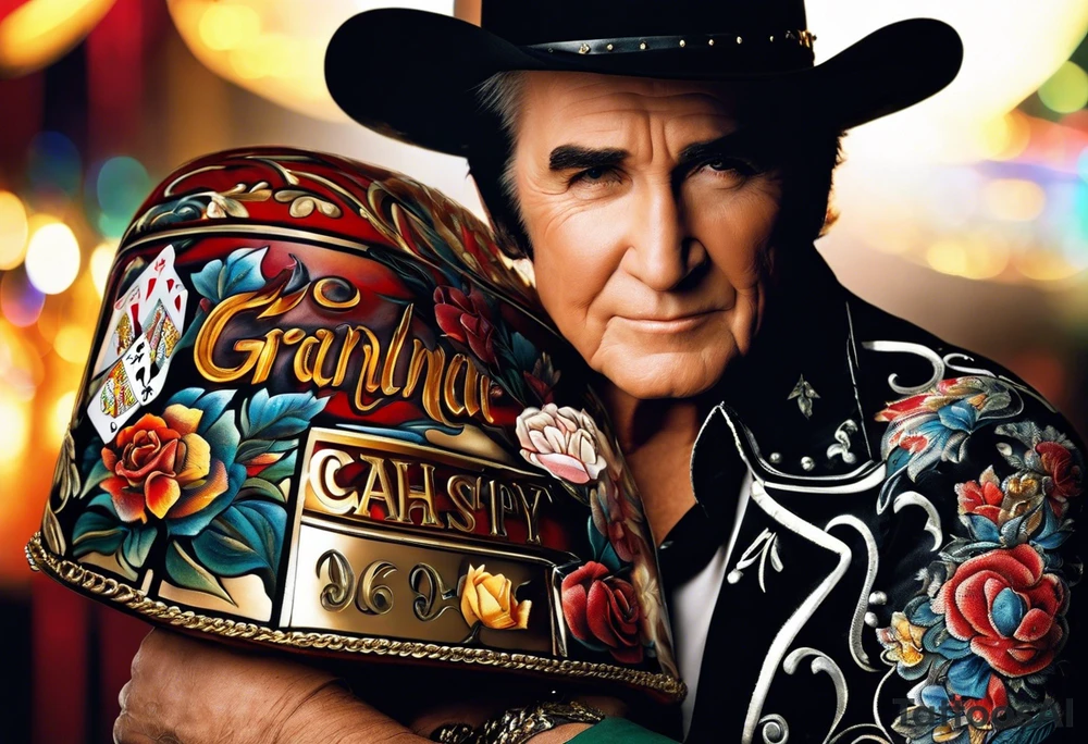 I want to create a concept for a tattoo in remembrance of my dead grandma. She loved to gamble in Las Vegas Nevada, Ruidsos New Mexico, and Albuquerque New Mexico. She played slot machines. She loved to travel and drove for work a lot. She loved Dolly Parton, Elvis Presley, George Straight, Johnny Cash, Loretta Linn, and all things country. She grew up in Kentucky and eventually moved to Texas. She was stubborn, gentle, and unselfishly serving others her whole life. She was born on May 8th, 1960. She was a primary mother figure to me. tattoo idea