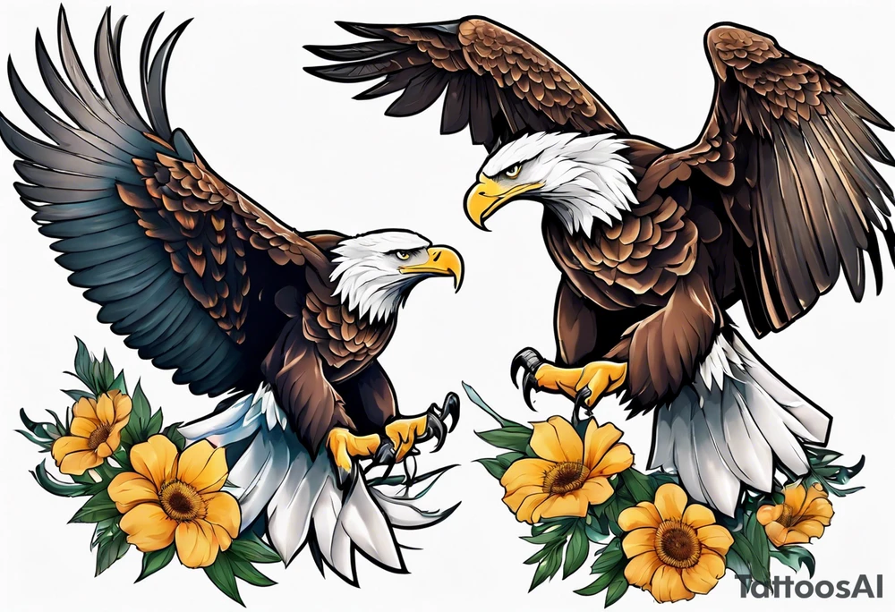 bald eagle with wings spread with mountain flowers in the background tattoo idea