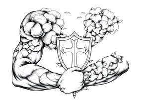 Half sleeve. powerful, cloud, shield, cross, sky, The Westgate tattoo idea