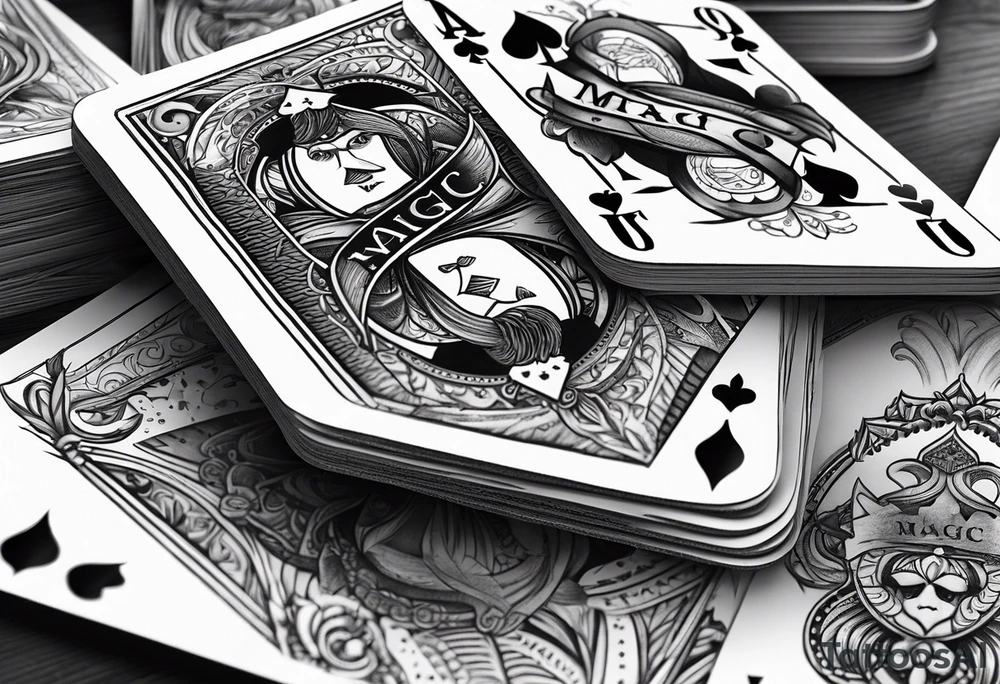 Deck of playing cards being shuffled with the word Magic tattoo idea