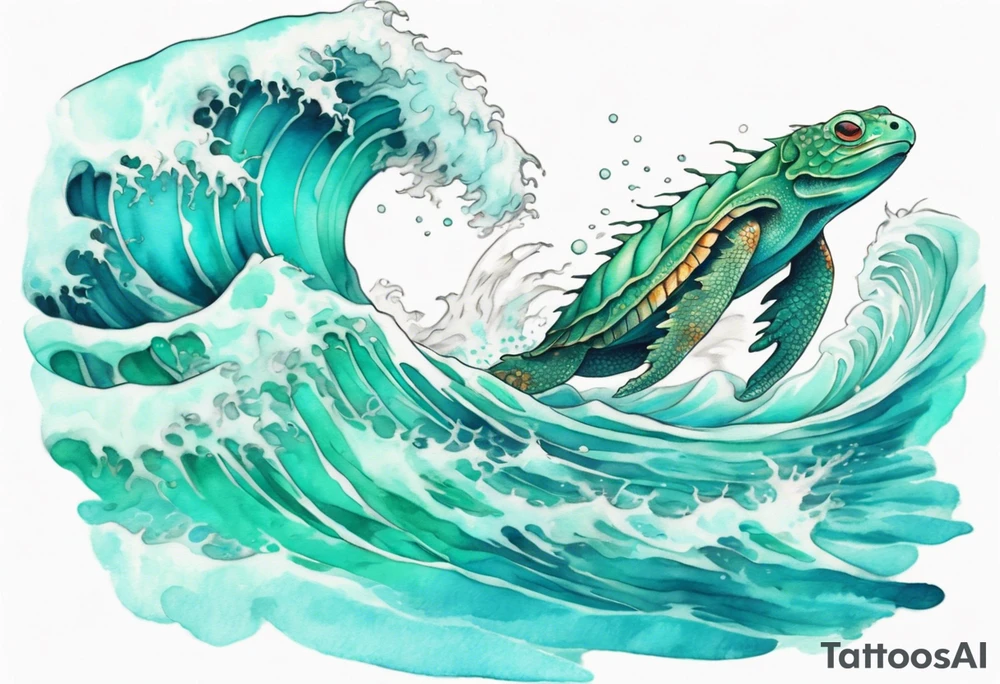 a beautiful turquoise kappa emerging from an ocean wave, crashing onto the shore tattoo idea