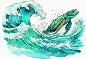 a beautiful turquoise kappa emerging from an ocean wave, crashing onto the shore tattoo idea