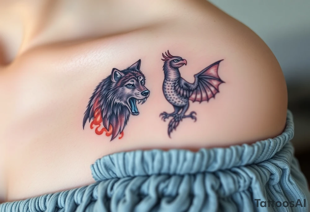 An open book with a werewolf, an owl & a dragon tattoo idea
