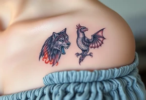 An open book with a werewolf, an owl & a dragon tattoo idea
