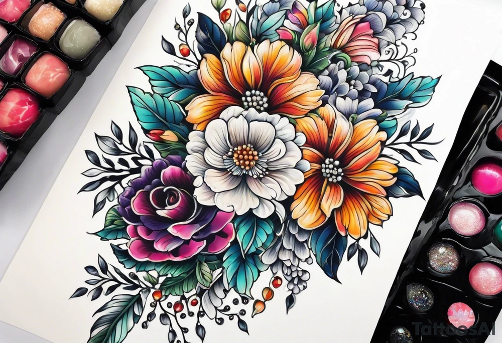 Floral leg piece with beading and lace tattoo idea. colorful, old school flowers, highly detailed, florals. white background. intricate highly detailed, tattoo idea