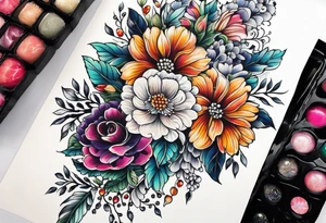 Floral leg piece with beading and lace tattoo idea. colorful, old school flowers, highly detailed, florals. white background. intricate highly detailed, tattoo idea