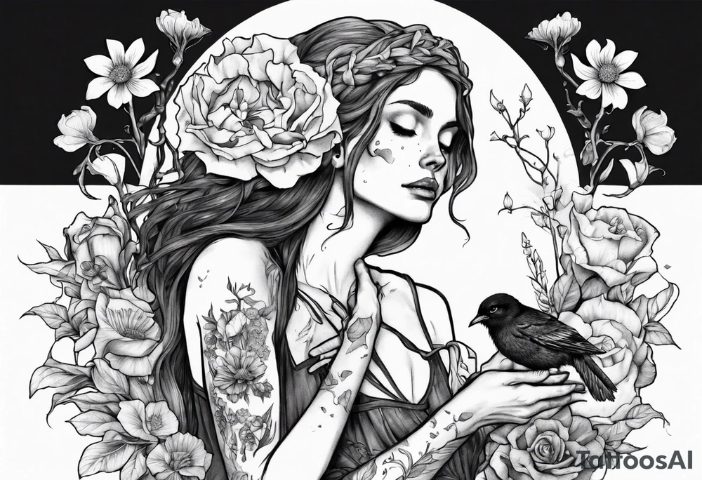 Elf carrying her dead bird in a flower medow tattoo idea