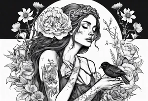 Elf carrying her dead bird in a flower medow tattoo idea