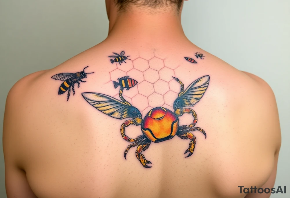Honey comb bees, fish, crab tattoo idea