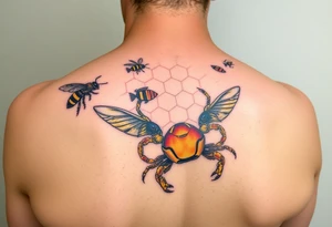 Honey comb bees, fish, crab tattoo idea