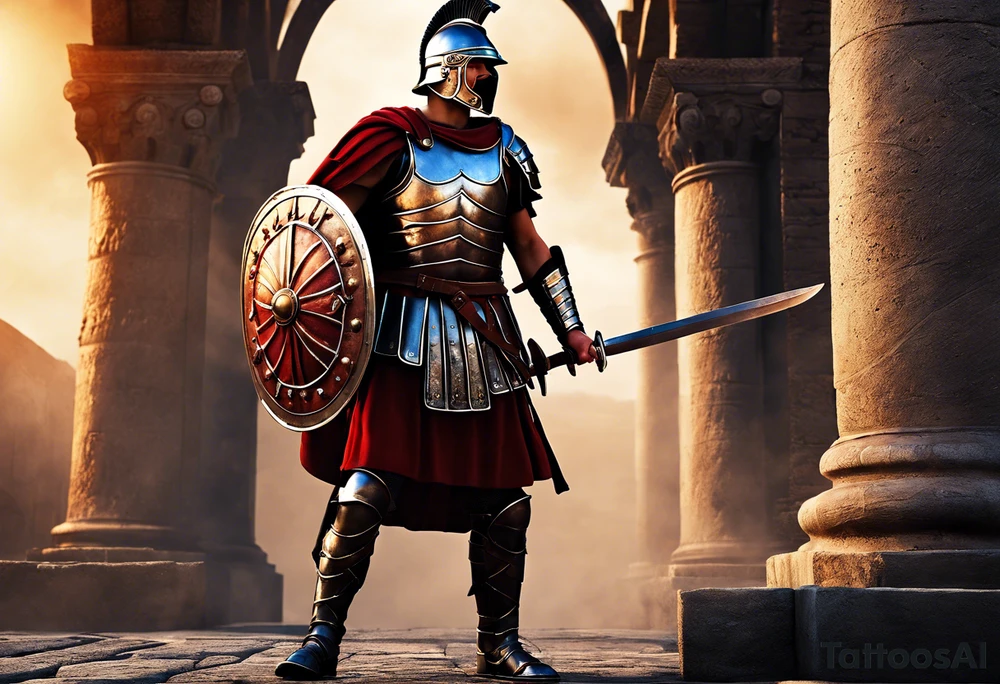 a roman soldier from AD 60, wearing armor which must include an armoured belt, breastplate, armoured shoes, shield, helmet and sword.
the soldier must look strong. the soldier is faceless. The image must include the full person, not just the top half. The soldier is mid-battle, fending off flaming arrows with his sheild tattoo idea