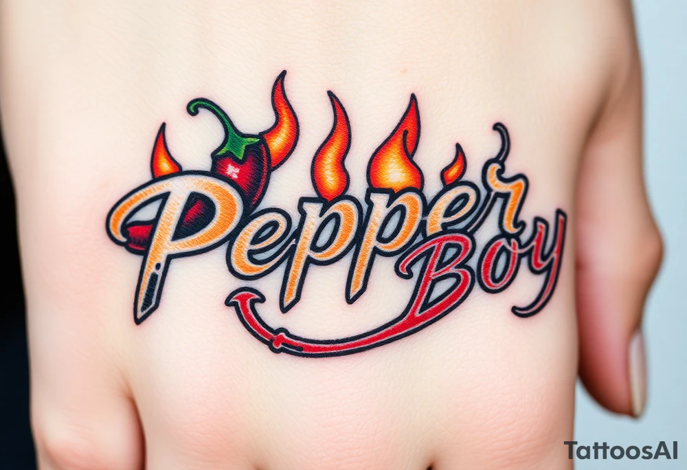 Chili pepper and fire lettering says Pepper Boy tattoo idea