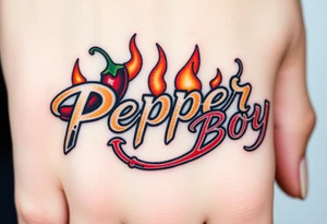 Chili pepper and fire lettering says Pepper Boy tattoo idea