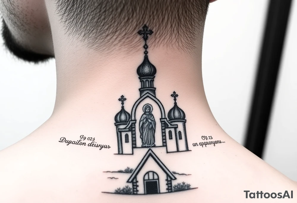 rusian orthodox domes church with a virgin mary in a russian rural village with Church Slavonic script or Cyrillic text — a prayer or meaningful phrase running along the sides tattoo idea