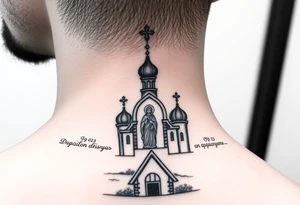 rusian orthodox domes church with a virgin mary in a russian rural village with Church Slavonic script or Cyrillic text — a prayer or meaningful phrase running along the sides tattoo idea