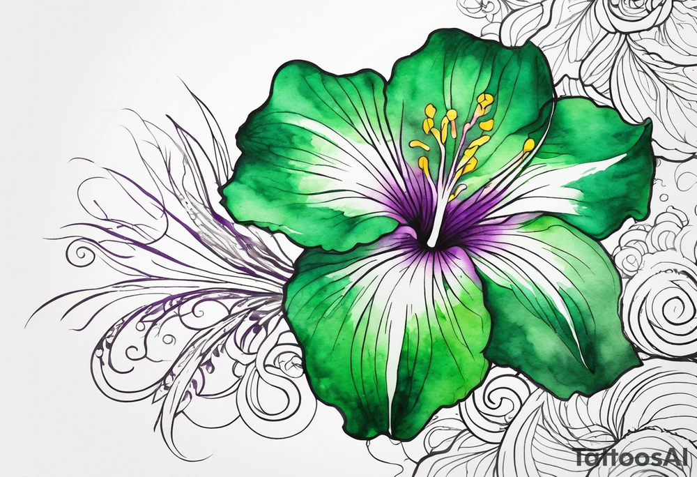 An outline of a rio dipladenia flower with a mystical green/purple watercolor splash in the background tattoo idea