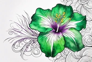 An outline of a rio dipladenia flower with a mystical green/purple watercolor splash in the background tattoo idea