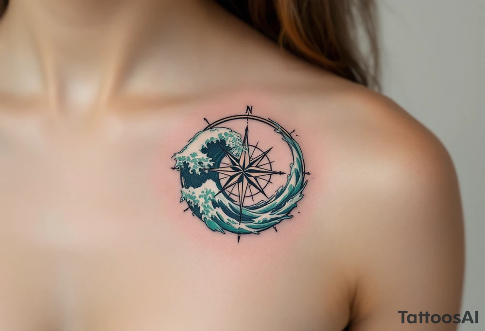 A deep sea green wave with frothy white caps encircles a compass rose on the forearm. tattoo idea