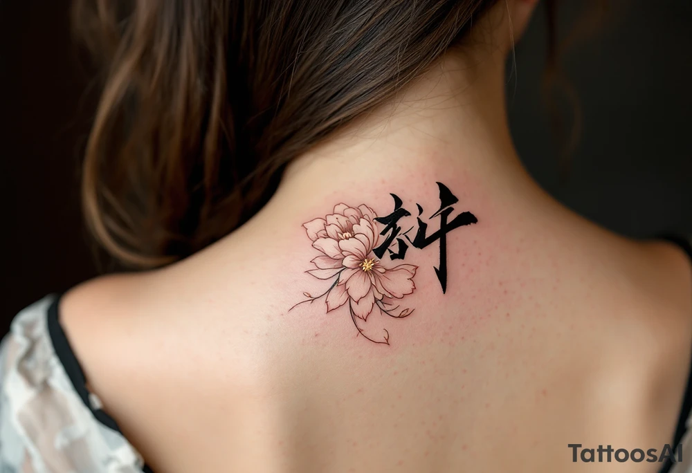 Chinese character 美 (měi, “beauty”) in rose gold ink often decorates a peony or butterfly for elegance and transformation. tattoo idea