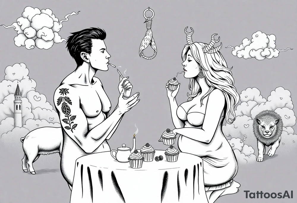 Mystical Naked Man and woman having sex eating cupcakes and  fruit  having sex clouds gothic sexy naked fat lady having a tea party with tea pot at a famcycastle  
with a pigs, peacock, noose, lion, goat, smoking cigerettes looking in the mirror thru storm clouds with razor blades and broken hearts and darkness and wrath, envy , gluttony, greed, sloth, pride kill tattoo idea