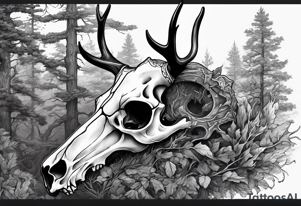 A side view of a decayed deer skull NO SKIN JUST BONE surrounded by trees and FLAMES in background tattoo idea