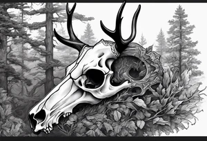 A side view of a decayed deer skull NO SKIN JUST BONE surrounded by trees and FLAMES in background tattoo idea